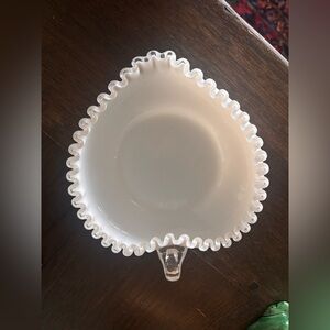 Vintage Fenton Silver Crest Milk Glass Heart Shaped Ruffled Edge Dish